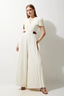 Karen Millen Petite Soft Tailored Crepe Tab Detail Pleated Jumpsuit ivory Best