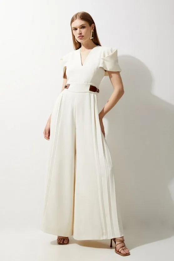 Karen Millen Petite Soft Tailored Crepe Tab Detail Pleated Jumpsuit ivory Best