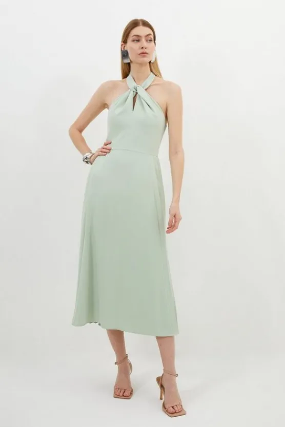 Karen Millen Petite Soft Tailored Halter Tie Neck Pleat Detail Midi Dress sage New