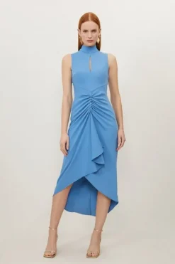 Karen Millen Petite Soft Tailored Ruched Front High Neck Midi Dress midblue Sale