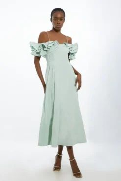 Karen Millen Petite Strappy Off The Shoulder Taffeta Woven Prom Dress sage Clearance