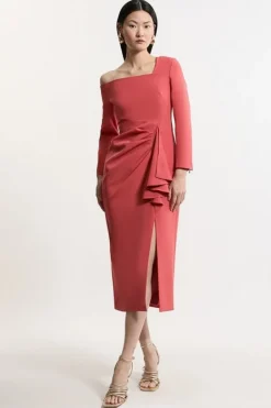 Karen Millen Petite Stretch Crepe Asymmetric Neckline Draped Midi Dress orange Sale