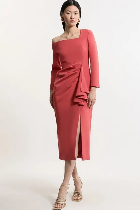Karen Millen Petite Stretch Crepe Asymmetric Neckline Draped Midi Dress orange Sale