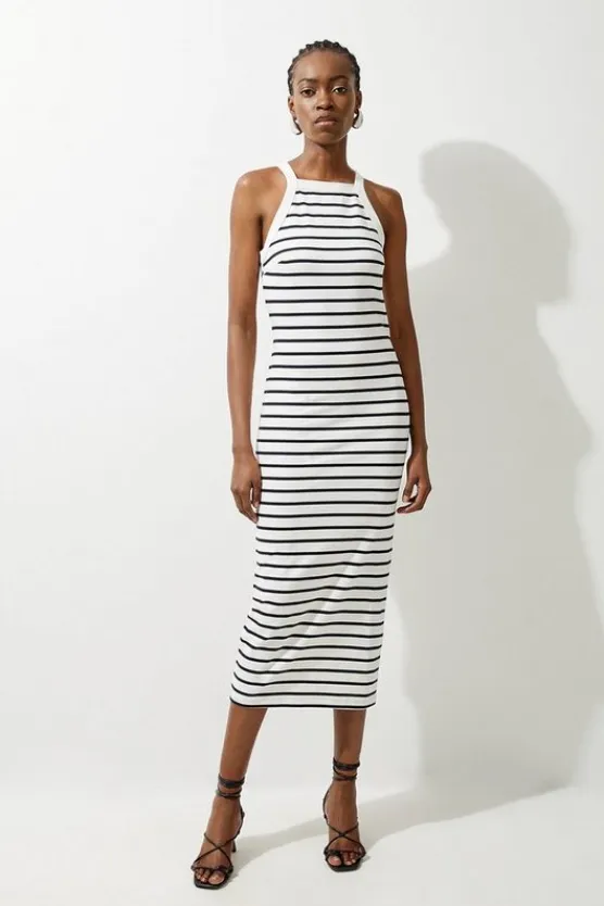 Karen Millen Petite Stripe Stretch Cotton Jersey Halter Midi Dress ivory Hot