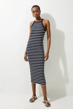 Karen Millen Petite Stripe Stretch Cotton Jersey Halter Midi Dress navy Fashion