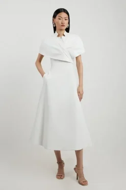Karen Millen Petite Structured Crepe Cape Detail Full Skirted Tailored Midi Dress ivory Discount