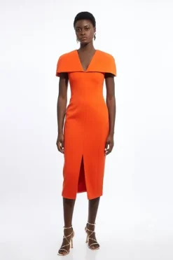Karen Millen Petite Structu Crepe Cape Sleeve Tailo Midi Pencil Dress red Fashion