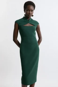 Karen Millen Petite Structured Crepe Tailored Cape Pencil Midi Dress forest New