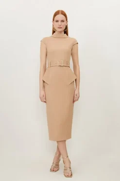 Karen Millen Petite Structured Crepe Turtleneck Peplum Belted Midi Dress camel Fashion