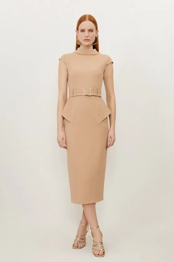 Karen Millen Petite Structured Crepe Turtleneck Peplum Belted Midi Dress camel Fashion
