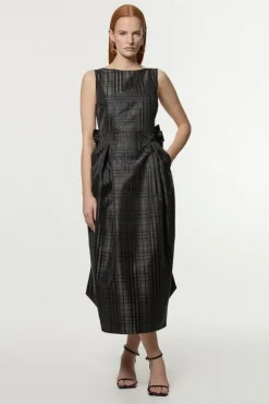 Karen Millen Petite Taffeta Check Bow Detail Tailored Maxi Dress brown New