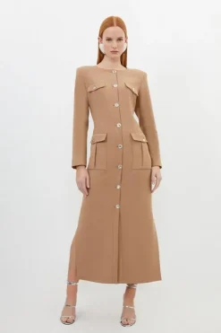 Karen Millen Petite Tailored Compact Stretch Button Through Midi Dress camel Clearance