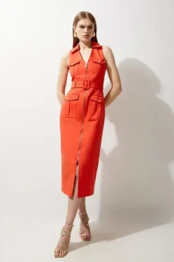 Karen Millen Petite Tailo Cotton Belted Cargo Pocket Midi Shirt Dress red Hot