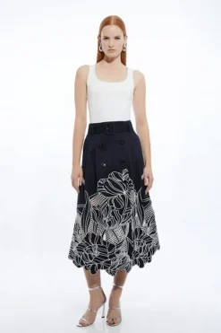 Karen Millen Petite Tailored Cotton Cutwork Embroidered Belted Midi Skirt navy Sale
