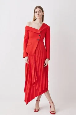 Karen Millen Petite Tailo Crepe Asymmetric Pleated Midi Dress red Best