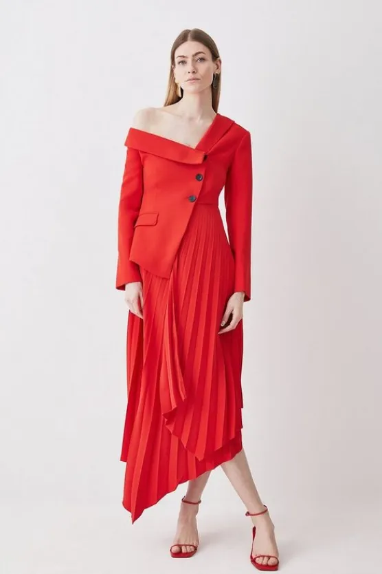 Karen Millen Petite Tailo Crepe Asymmetric Pleated Midi Dress red Best