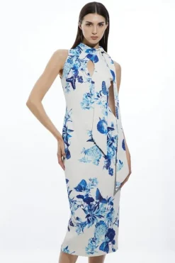 Karen Millen Petite Tailored Crepe Butterfly Neck Tie Midi Pencil Dress floral New