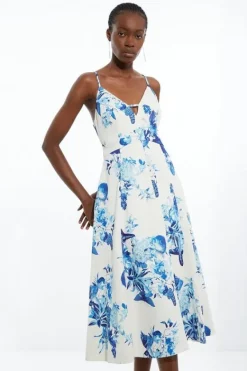 Karen Millen Petite Tailored Crepe Butterfly Full Skirted Midi Dress floral Outlet