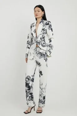 Karen Millen Petite Tailored Crepe Floral Slim Leg Dress Pants mono New