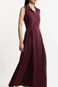 Karen Millen Petite Tailored Crepe Pleated Buckle Detail Sleeveless Midaxi Dress merlot Clearance