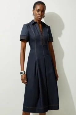 Karen Millen Petite Tailored Denim Full Skirted Maxi Shirt Dress indigo Discount