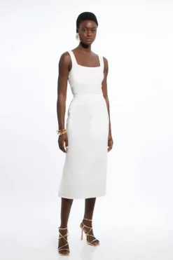Karen Millen Petite Tailored Denim Grosgrain Maxi Skirt ivory New