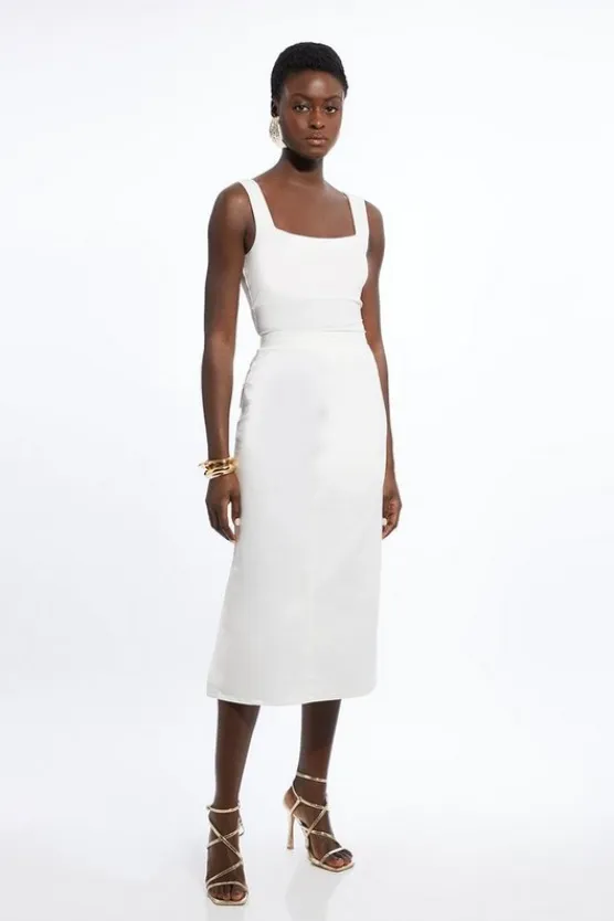 Karen Millen Petite Tailored Denim Grosgrain Maxi Skirt ivory New