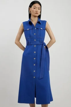 Karen Millen Petite Tailored Denim Pocket Belted Full Skirt Midi Shirt Dress midblue Best