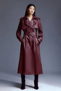 Karen Millen Petite Tailored Faux Leather Belted Trench Coat oxblood Online