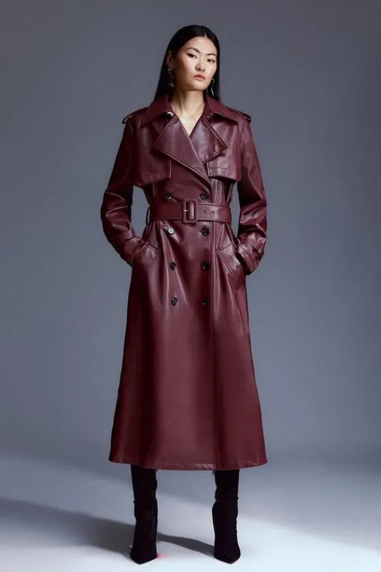 Karen Millen Petite Tailored Faux Leather Belted Trench Coat oxblood Online