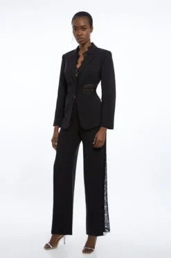 Karen Millen Petite Tailored Lace Detail Straight Leg Pants black New