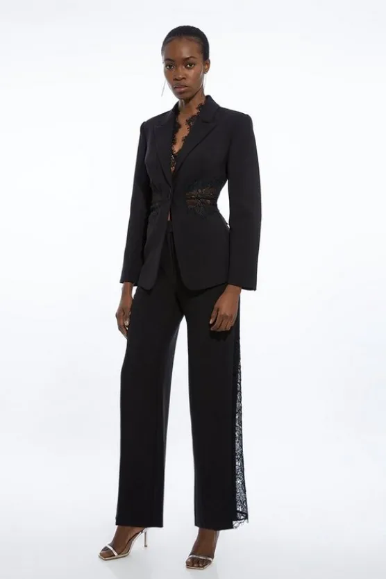 Karen Millen Petite Tailored Lace Detail Straight Leg Pants black New