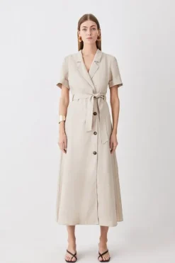 Karen Millen Petite Tailored Linen Belted Midi Dress stone Best