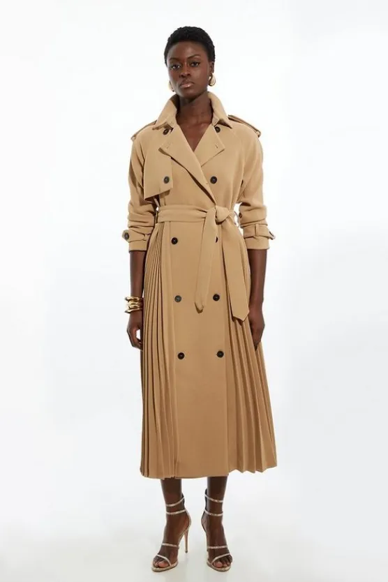 Karen Millen Petite Tailored Pleat Detail Belted Trench Coat camel Outlet