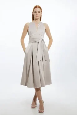 Karen Millen Petite Tailored Satin Bow Detail Full Skirted Midaxi Dress champagne Sale