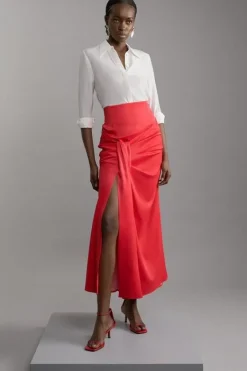 Karen Millen Petite Tailo Satin High Waisted Draped Maxi Skirt red Clearance