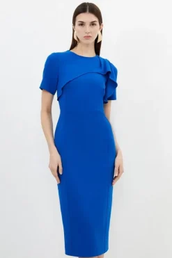 Karen Millen Petite Tailored Structured Crepe Ruffle Detail Pencil Midi Dress cobalt Outlet