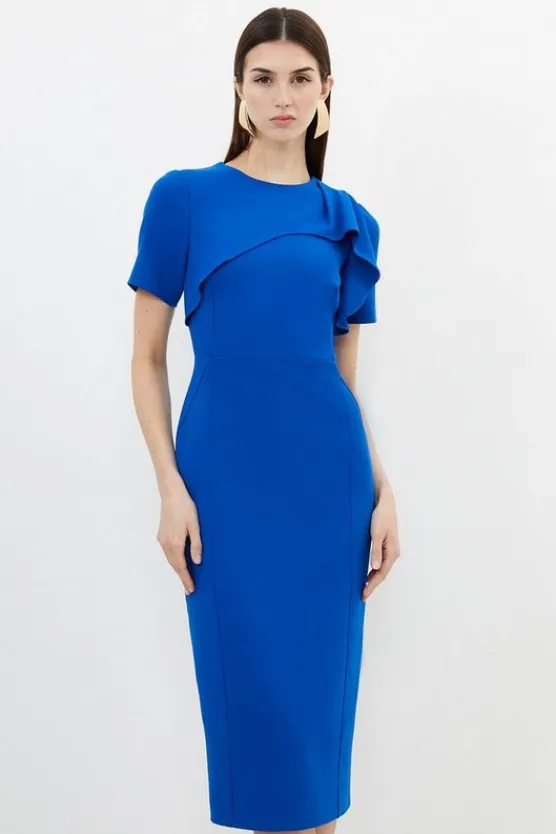 Karen Millen Petite Tailored Structured Crepe Ruffle Detail Pencil Midi Dress cobalt Outlet