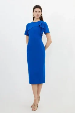 Karen Millen Petite Tailored Structured Crepe Ruffle Pencil Midi Dress cobalt Fashion