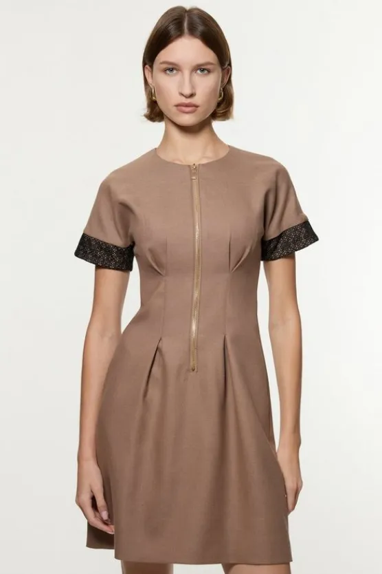 Karen Millen Petite Tailored Twill Lace Mix Zip Front Mini Dress taupe Discount