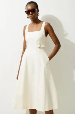 Karen Millen Petite Tailored Utility Detailed Strappy Midi Dress ivory Clearance