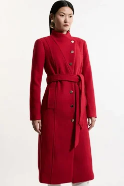 Karen Millen Petite Tailo Wool Blend Asymmetric Button Neck Belted Midi Coat red Hot