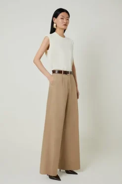 Karen Millen Petite Tencel Cotton Pleated Wide Leg Dress Pants tan New