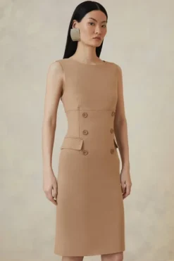 Karen Millen Petite The Founder Compact Stretch Button Detail Midi Dress camel Sale