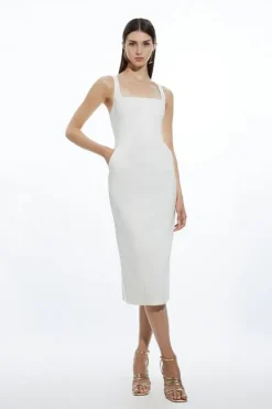 Karen Millen Petite Topstitch Detail Techno Cotton Woven Midi Dress white Hot