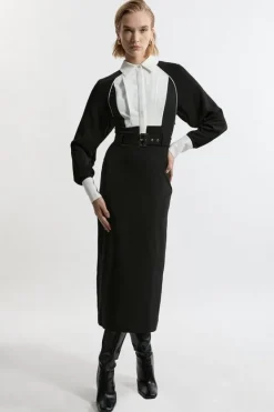 Karen Millen Petite Twill Contrast Collar Woven Midi Dress mono New