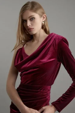 Karen Millen Petite Velvet Asymmetric One Shoulder Tailored Maxi Dress merlot Clearance