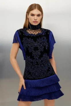 Karen Millen Petite Velvet Baroque Fringe Woven Mini Dress blue Discount