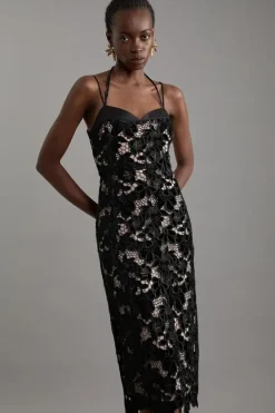 Karen Millen Petite Velvet Cutwork Lace Detail Strappy Midi Dress black Best