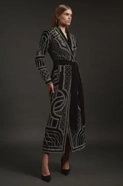 Karen Millen Petite Velvet Embellished Woven Maxi Blazer Dress black Fashion